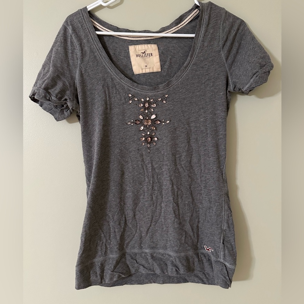 Hollister Gray Embellished Short Sleeve Tee